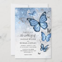 Elegant Silver Dusty Blue Butterfly Bröllop Inbjudningar