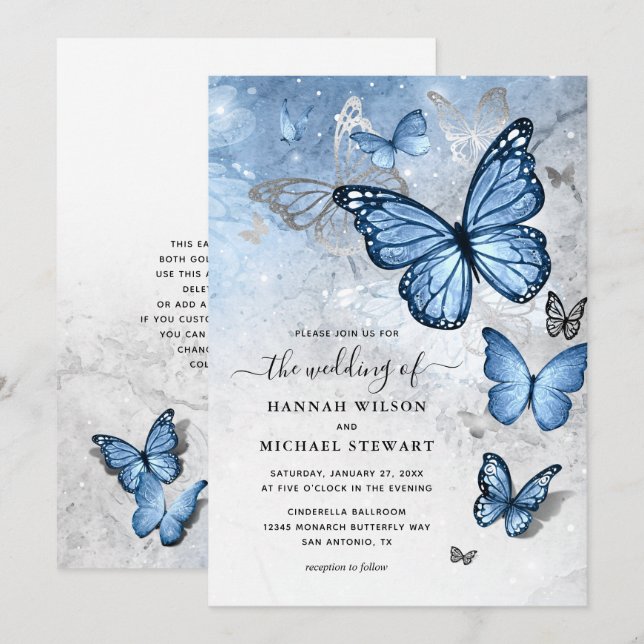 Elegant Silver Dusty Blue Butterfly Bröllop Inbjudningar (Fram/baksida)