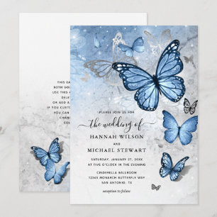 Elegant Silver Dusty Blue Butterfly Bröllop Inbjudningar