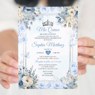 Elegant Silver & Dusty Blue Ro MIS QUINCE Inbjudningar