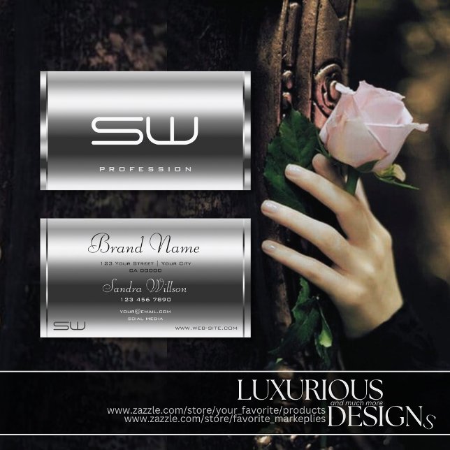 Elegant Silver Effect Modern Monogram-Professionel Visitkort (Skapare uppladdad)
