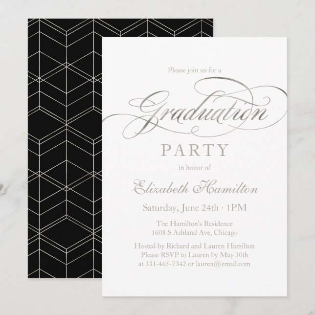 Elegant silver examensfest med modern text inbjudningar (Fram/baksida)