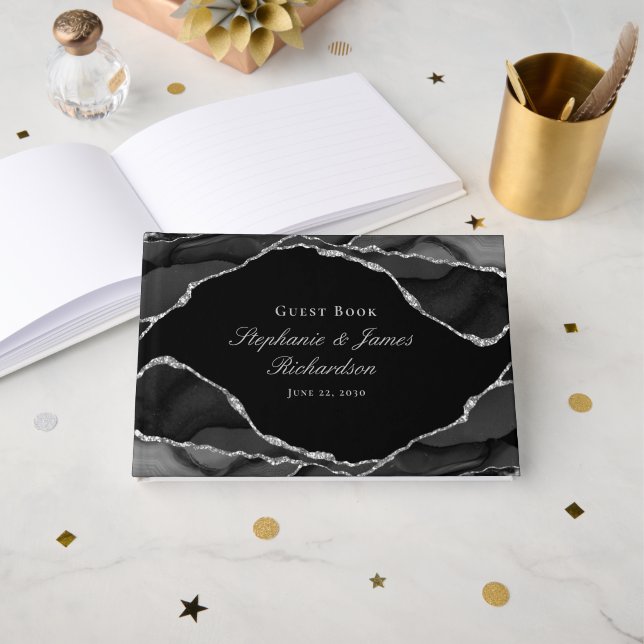Elegant Silver Foil Black White Agate Bröllop Gästböcker (Framsida öppen)