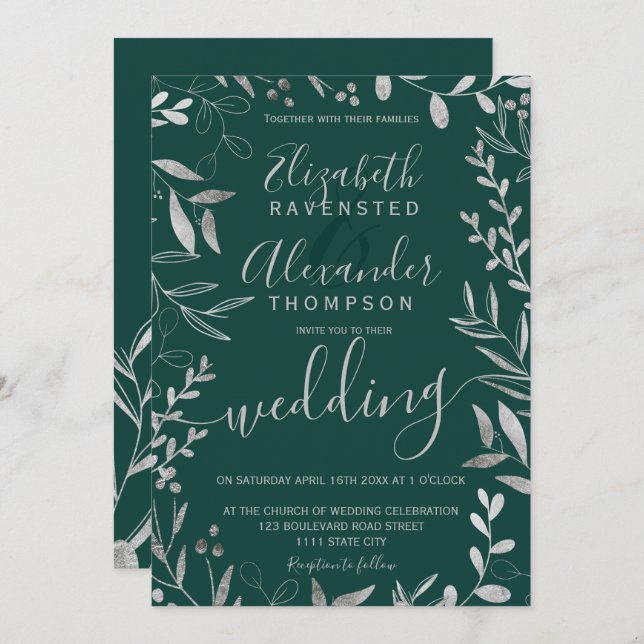 Elegant silver foil emerald grönt blommigt bröllop inbjudningar (Fram/baksida)