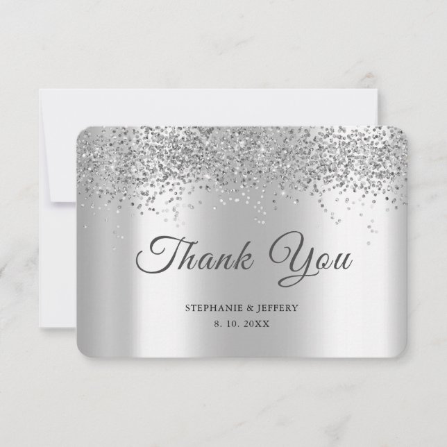 Elegant Silver Foil Glitter Gnistra Bröllop Tack Kort (Framsida)