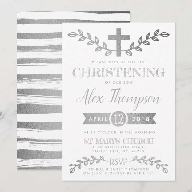 Elegant Silver Foil Kor & Foliage Christening Inbjudningar (Fram/baksida)