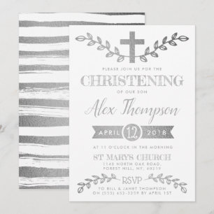 Elegant Silver Foil Kor & Foliage Christening Inbjudningar