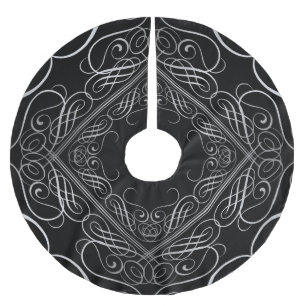 Elegant Silver Foil See Filigree Scrollwork Black Julgransmatta Borstad Polyester