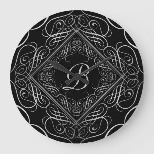 Elegant Silver Foil See Filigree Scrollwork Black Stor Klocka