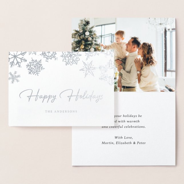Elegant Silver Foil Snowflake Photo Helgdagskorts Folierat Kort (Display)
