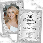 Elegant Silver Foto 50:e födelsedagen Inbjudningar<br><div class="desc">Femininininbjudan till elegantens blommigt på 50 års födelsedag med ditt foto på baksidan av kortet. Glam-design med faux glitter silver. Funktioner silver rand, vit ros, skriptteckensnitt och konetti. Perfekt för en snyggt vuxen under firande party. Anpassa med dina egna detaljer. Kan anpassas för vilken ålder som helst! Skrivna Zazzle-inbjudningar eller...</div>
