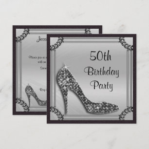 Elegant Silver Framed Black Stiletto 50:e födelsed Inbjudningar