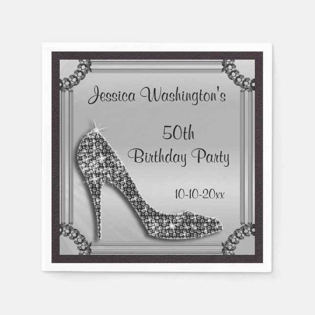 Elegant Silver Framed Black Stiletto 50:e födelsed Pappersservett (Framsidan)