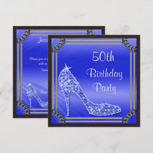 Elegant Silver Framed Blue Stiletto 50 Birthday Inbjudningar