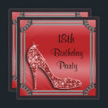 Elegant Silver Framed Red Stiletto 18:e födelsedag Inbjudningar<br><div class="desc">Snygg, elegant 18:e Födelsedagsfest inbjudan för kvinnor och flickors. På mallens framsida finns ett söt bling, rhinestone jewels diamant stiletto/high heel sko, på en söt övertoningsröd bakgrund med ett bedövande silver ram, som alla är tryckta på en svart bakgrund av läder struktur. Baksidan har samma bakgrundskonstruktion men med två stiletto-skor...</div>