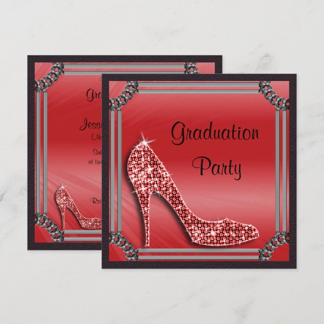 Elegant Silver Framed Red Stiletto Studenten Inbjudningar (Fram/baksida)