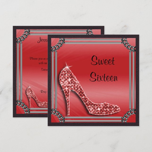 Elegant Silver Framed Red Stiletto Sweet 16 Inbjudningar (Fram/baksida)