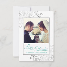 Elegant Silver Frills & Aqua Kärlek & Tack Bröllop Kort