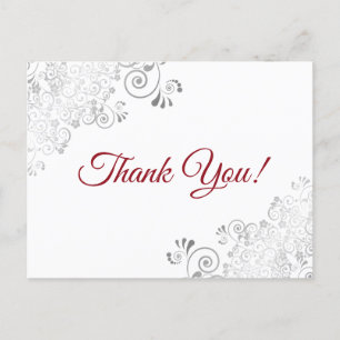 Elegant Silver Frills Red Script Bröllop Tack Vykort
