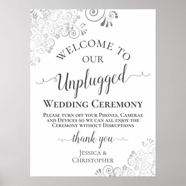 Elegant Silver Frills Unplugged Bröllop Ceremony Poster (Framsidan)