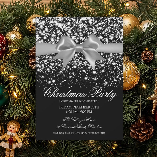 Elegant Silver Glam Bow Julfest  Inbjudningar (Elegant Silver Glam Bow Christmas Party Invitation)