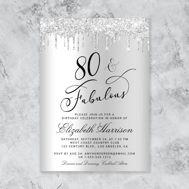 Elegant Silver Glitter 80:e Födelsedagsfesten Inbjudningar (Skapare uppladdad)