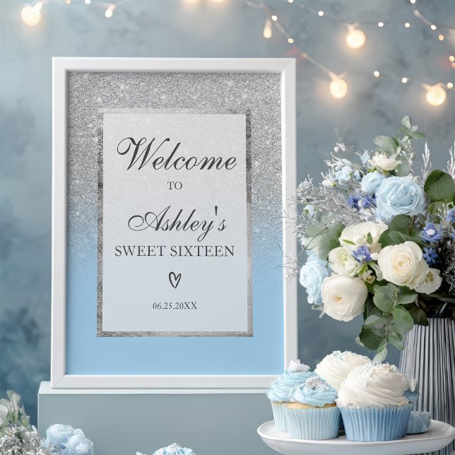 Elegant Silver glitter Blå sötare 16 Välkomsthälsn Poster (Elegant Silver glitter ombre Blue Sweet 16 Welcome Poster)