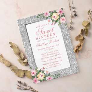 Elegant Silver Glitter Blommigt Söt 16 födelsedag Inbjudningar