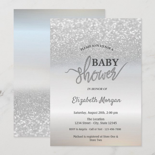 Elegant Silver Glitter bokeh Baby Shower Inbjudningar (Fram/baksida)