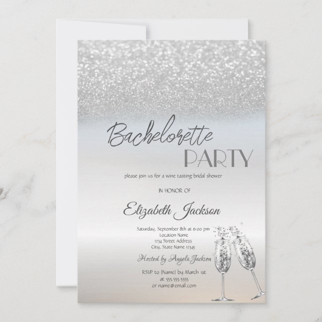 Elegant Silver Glitter Bokeh Bachelorette Inbjudningar (Framsida)