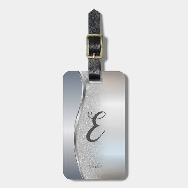 Elegant Silver Glitter Bokeh, Monogram Bagagebricka (Vertikal Framsida)
