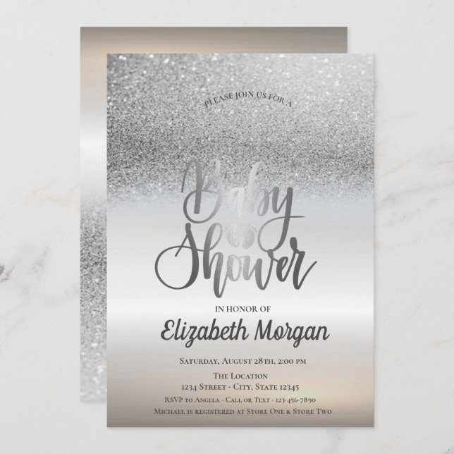 Elegant Silver Glitter bokeh Ombre Baby Shower Inbjudningar (Fram/baksida)