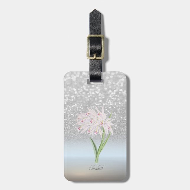 Elegant Silver Glitter bokeh Ombre, Flower Bagagebricka (Vertikal Framsida)