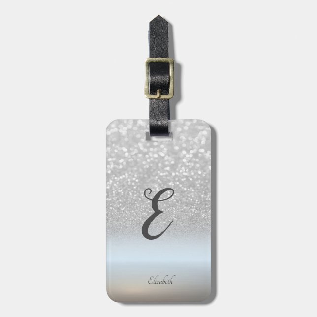Elegant Silver Glitter Bokeh Ombre Monogramm Bagagebricka (Vertikal Framsida)
