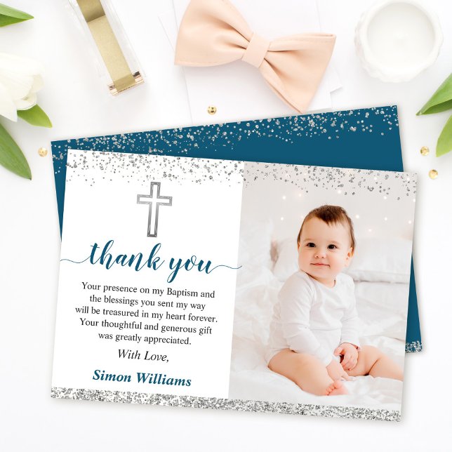Elegant Silver Glitter Boy Baptism Photo Tack Kort (Skapare uppladdad)