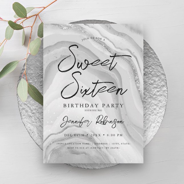 Elegant Silver Glitter Chic Marble Glam Sweet 16 Inbjudningar (Elegant Silver Glitter Chic Marble Glam Sweet 16 Invitation)