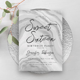 Elegant Silver Glitter Chic Marble Glam Sweet 16 Inbjudningar
