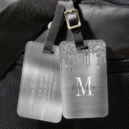 Elegant Silver Glitter Drip Monogram Bagagebricka