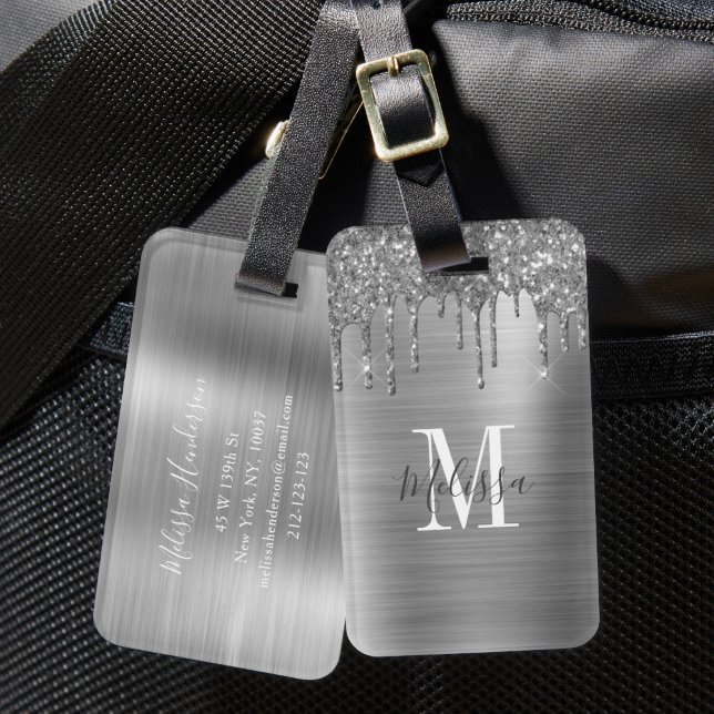 Elegant Silver Glitter Drip Monogram Bagagebricka (Elegant Silver Glitter Drip Monogram Luggage Tag)