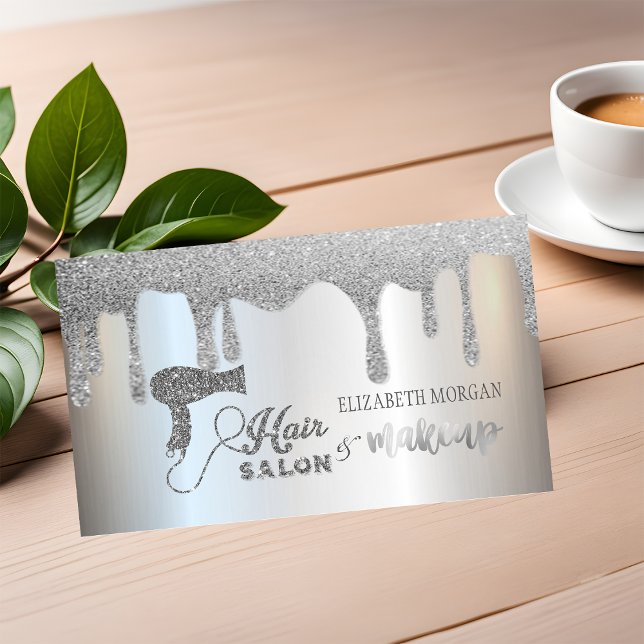 Elegant Silver Glitter Drips Hår Salong, Sminkning Visitkort (Skapare uppladdad)