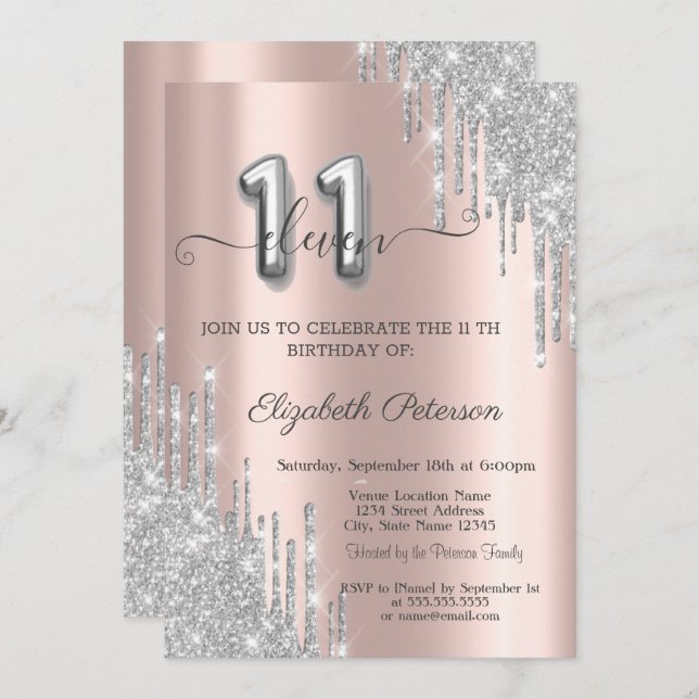 Elegant Silver Glitter Drips Ro Guld 11:e Inbjudningar (Fram/baksida)