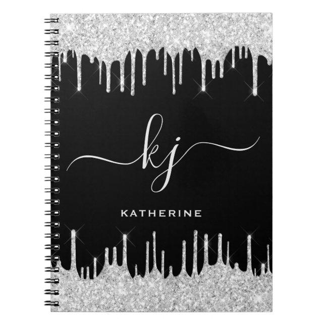 Elegant Silver Glitter Drives 2 Monogram-skript Anteckningsbok (Framsidan)
