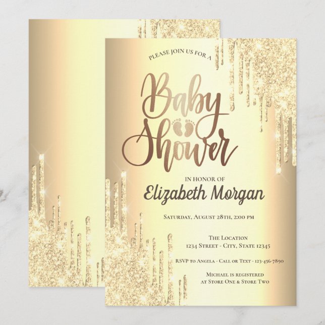 Elegant silver glitter droppar rosa guld  inbjudningar (Fram/baksida)