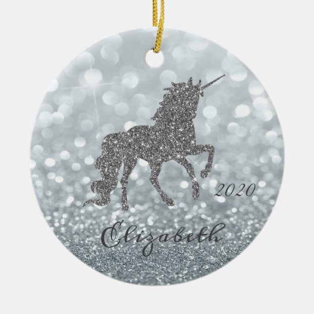 Elegant Silver Glitter Enhörning Bokeh Julgransprydnad Keramik (Framsidan)