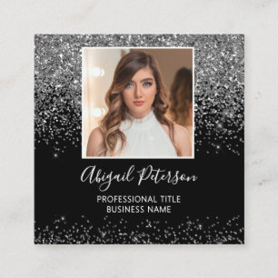 Elegant Silver Glitter Foto QR-kod Svart Fyrkantigt Visitkort