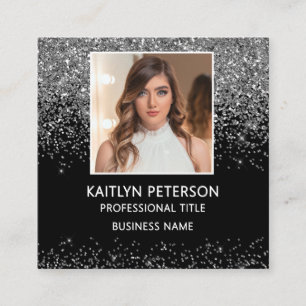 Elegant Silver Glitter Foto QR-kod Svart Fyrkantigt Visitkort