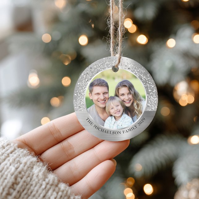 Elegant Silver Glitter, fotopatal jul Julgransprydnad Keramik (Elegant Silver Glitter Photo Metallic Christmas Ceramic Ornament)