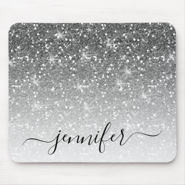 Elegant Silver Glitter Gnistra ditt namn Musmatta (Framsidan)
