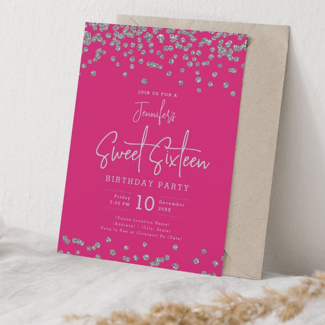 Elegant Silver Glitter Konfetti, sötad 16 Shock ro Inbjudningar (Elegant Silver Glitter Confetti Sweet 16 Hot Pink Invitation)