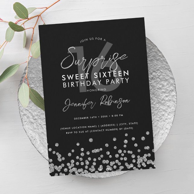 Elegant Silver Glitter Konfetti Surprise Sweet 16 Inbjudningar (Elegant Silver Glitter Confetti Surprise Sweet 16 Invitation)
